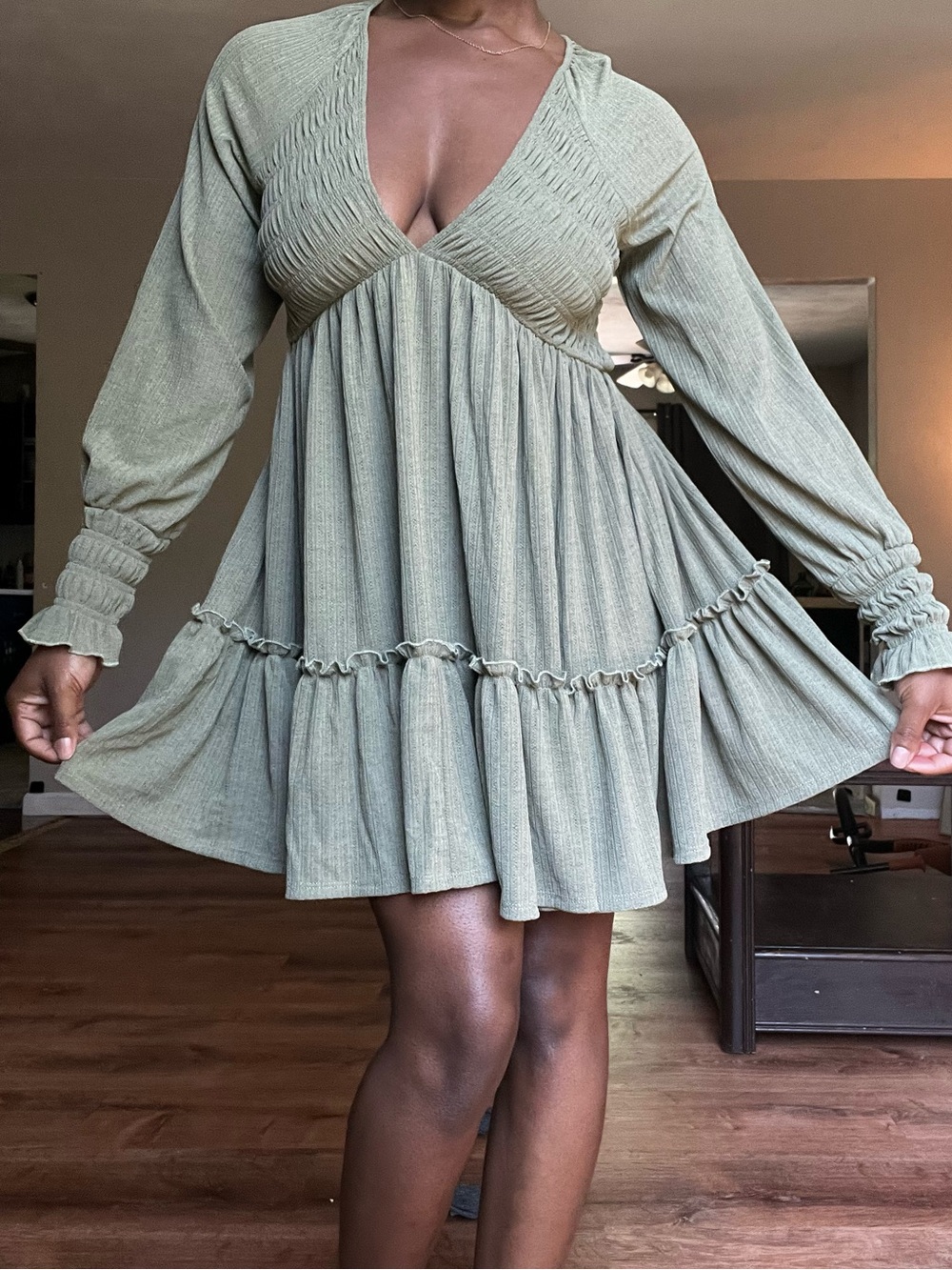 Altar'd State Sage Green V-Neck Long Sleeve Tiered Mini Dress